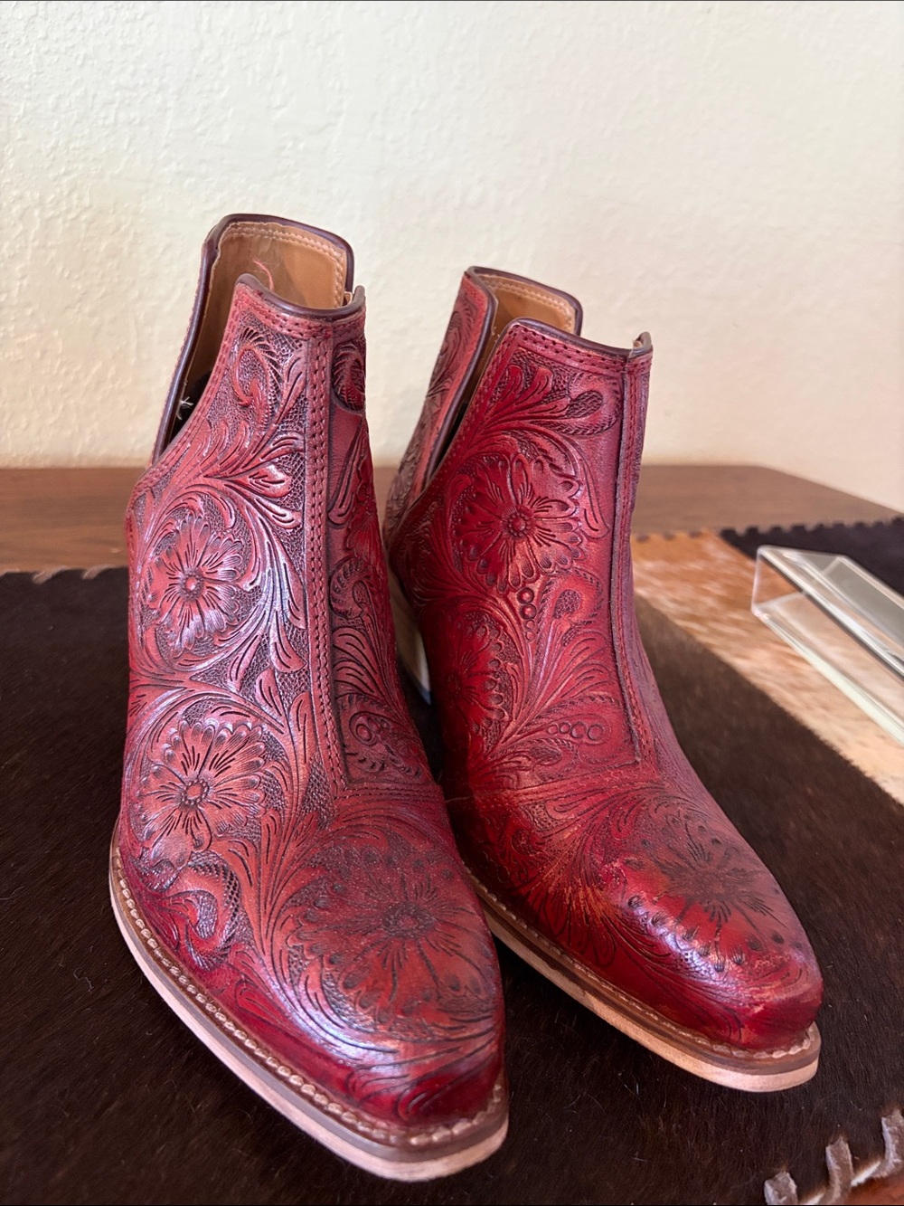 Myra Bag Red Tooled Floral Leather Ankle Booties - Picture 3 of 12